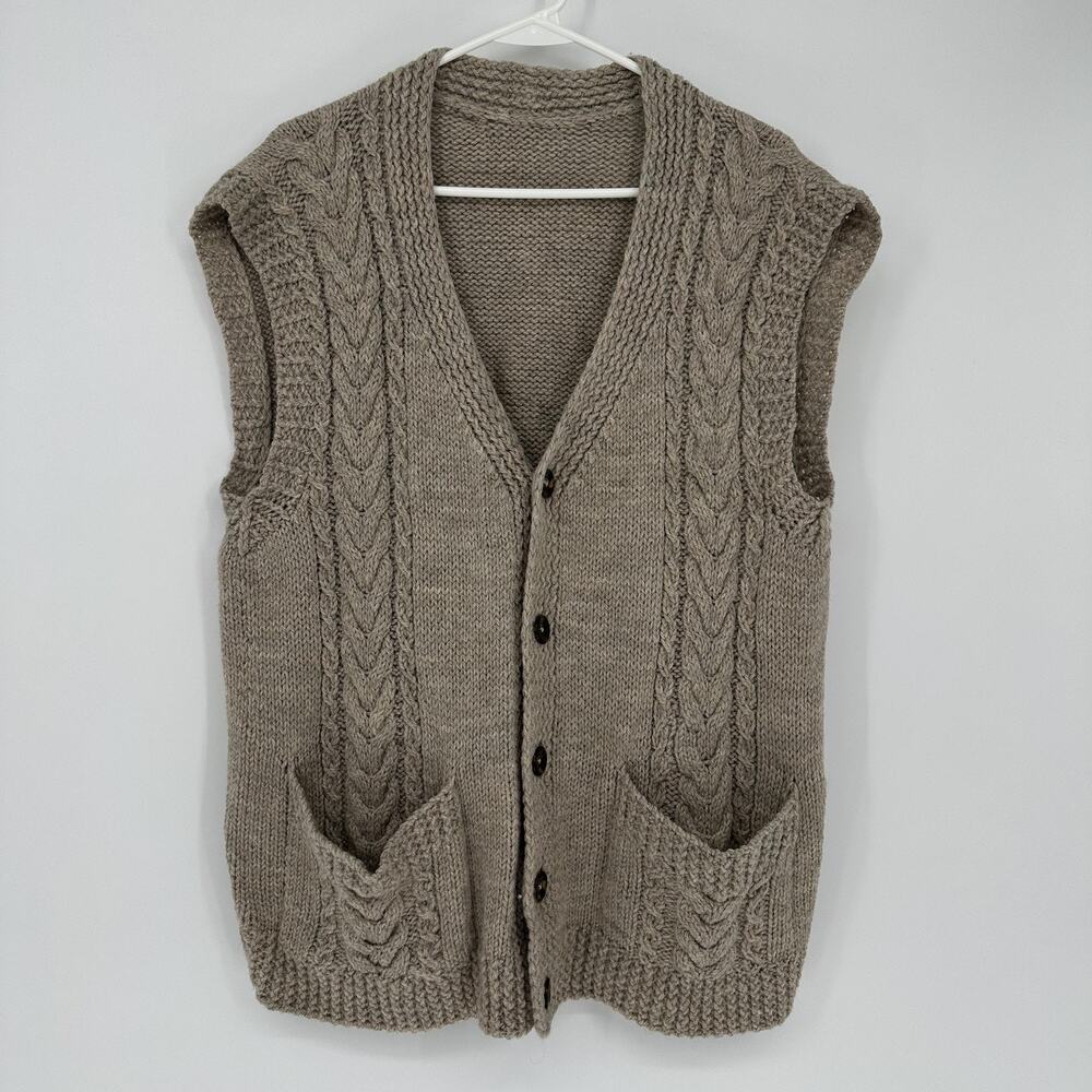 Sweater Vest Mens Large Beige Fisherman Cable Knit Button Front Pockets Winter